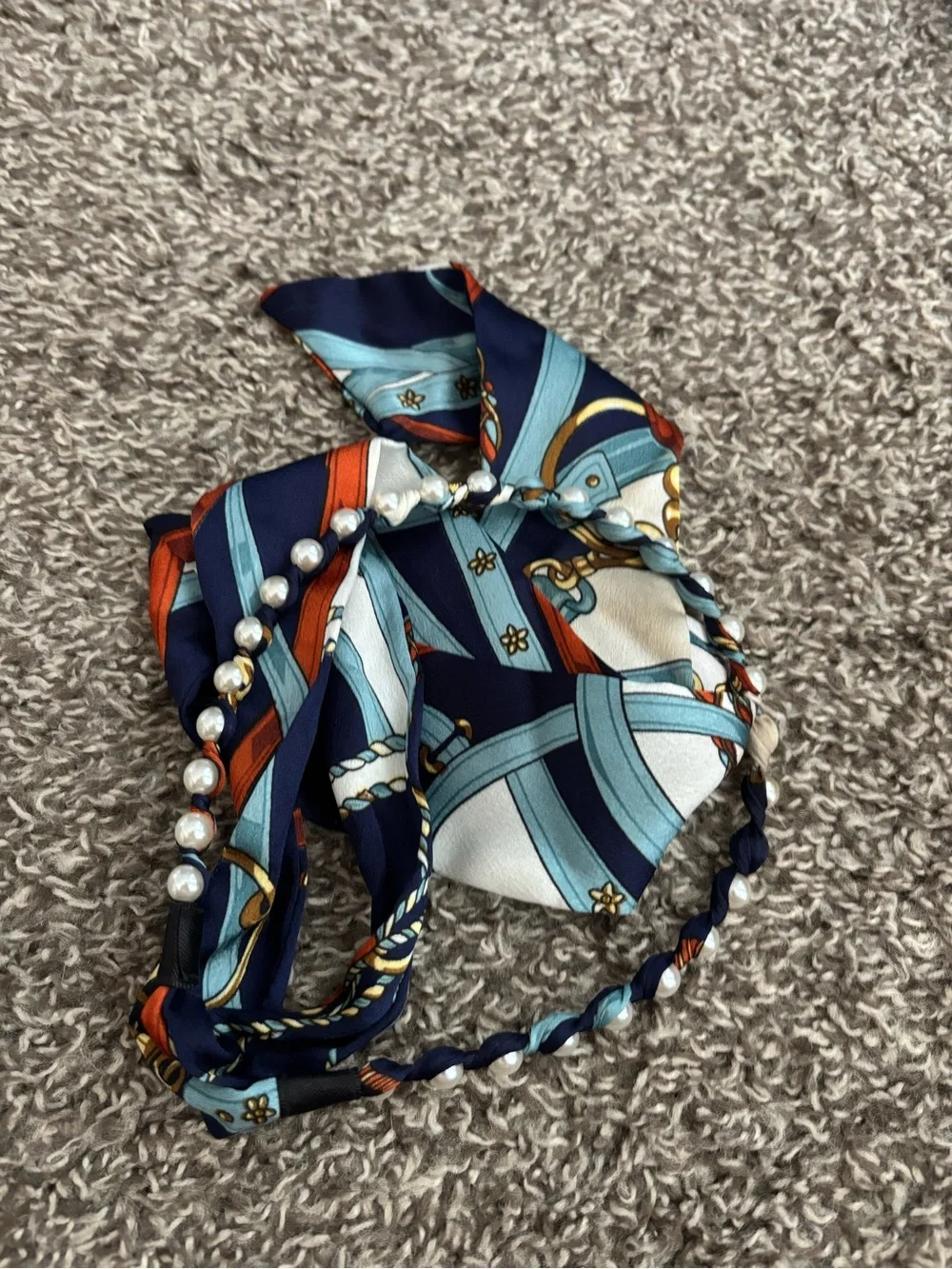 Navy Blue Printed Scarf Headband with Pearl Accents